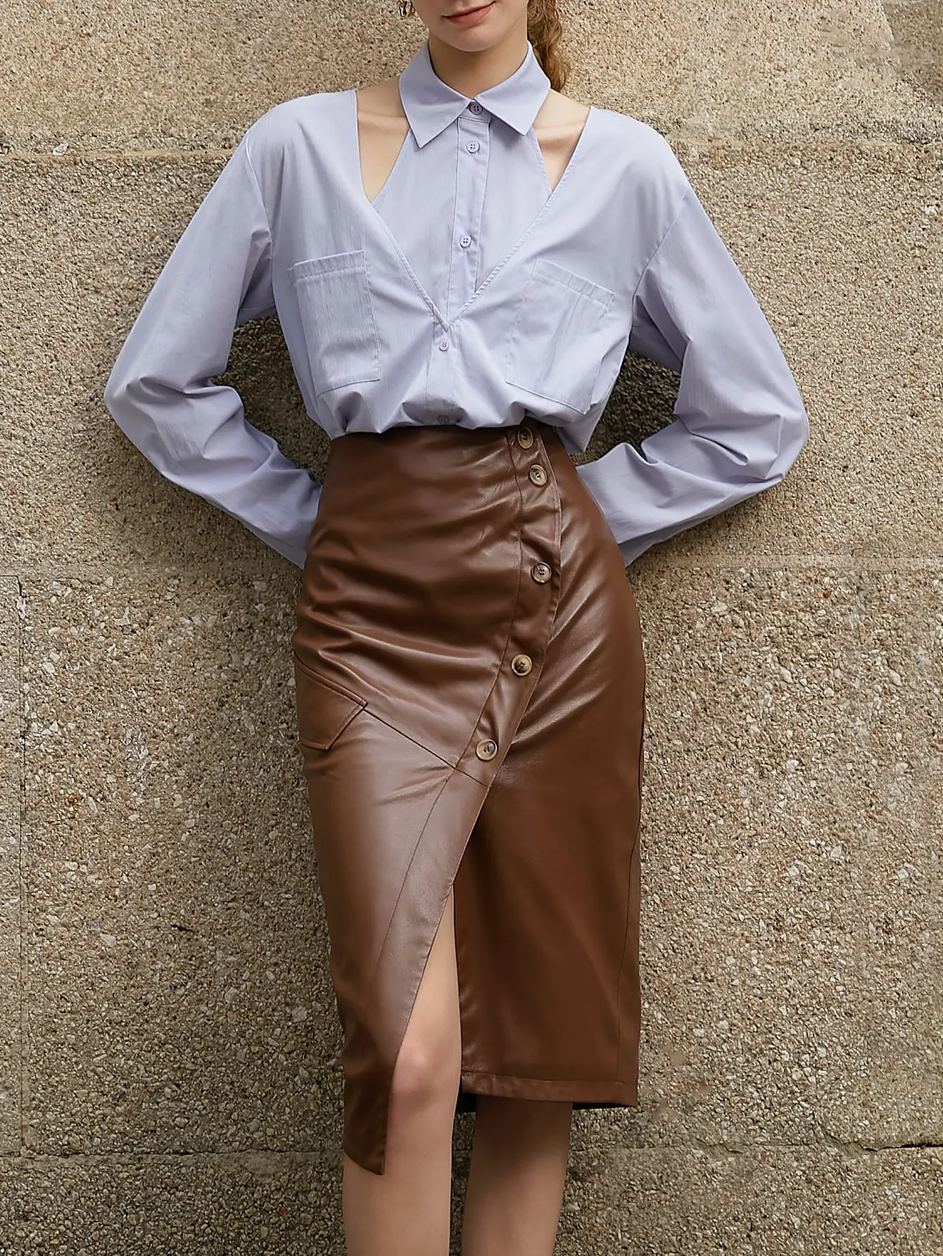 AEL Необычная однобортная кожаная юбка женская с разрезом и высокой талией