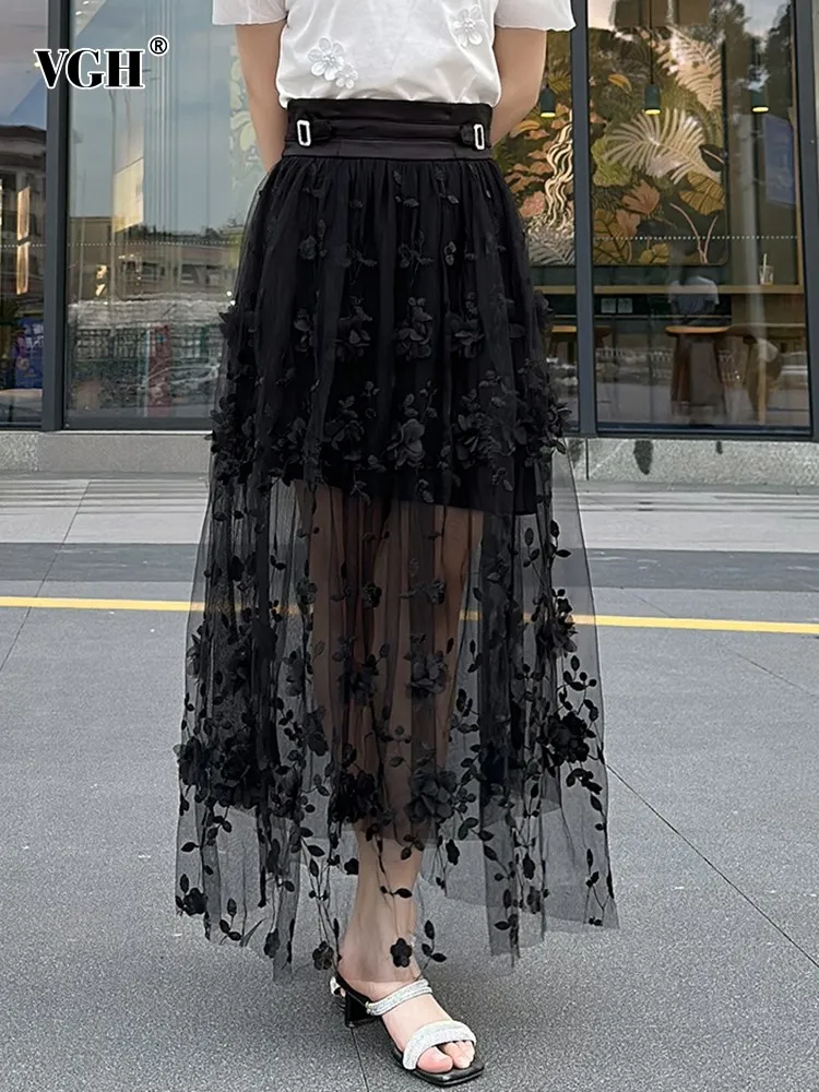 

VGH Solid Spliced mesh Casual Skirts For Women High Waist tunic Patchwork belt Temperament long Skirt Female fashion new style