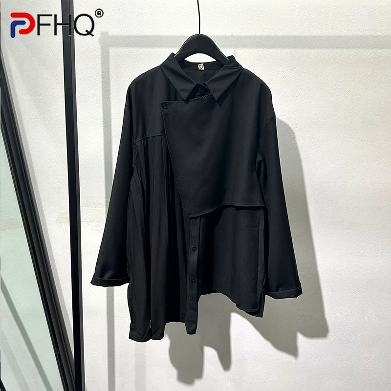 

PFHQ 2023 Summer New Fashion Asymmetrical Patchwork Long Sleeve Shirts For Men Single Breasted Loose Men's Blouse Tide 21F3677