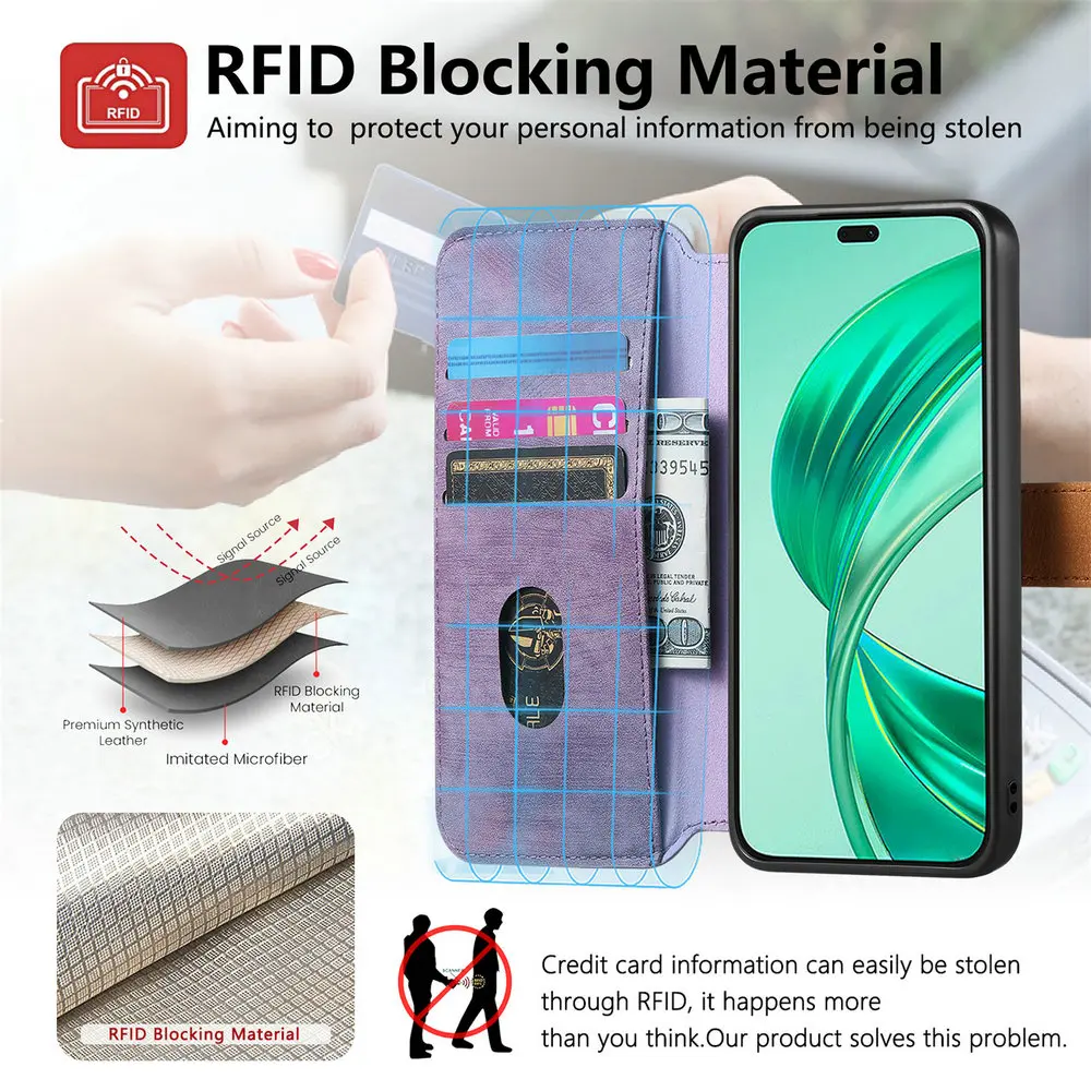 Honor X7C 4G 5G Leather Flip Case Wristband Holder RFID Card Funda HonorX7 C X7 ALT-NX1 ALT-LX2 LX1 Book Cover