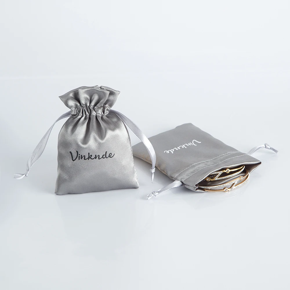100Pcs Personalized Logo Packaging Grey Satin Silk Pouch for Wedding Favor Gift Bags Candy Bag Jewelry Rings Drawstring Rope Bag