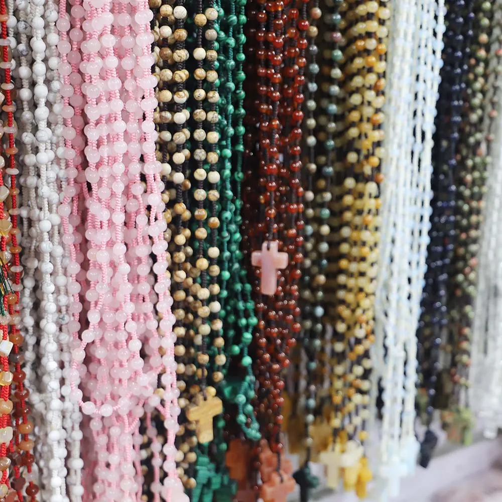 Selling Natural Stones Knotted 6MM Cross Pendant Necklace Accessory Fashion Crystal Agate Exquisite Sweater Chain Ethnic Jewelry