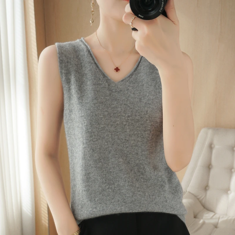 

Summer Women's Round-neck Knitted Pullover Blended Knitting Short-Sleeve Loose Sweater Solid Color Casual Top Suspender Vest