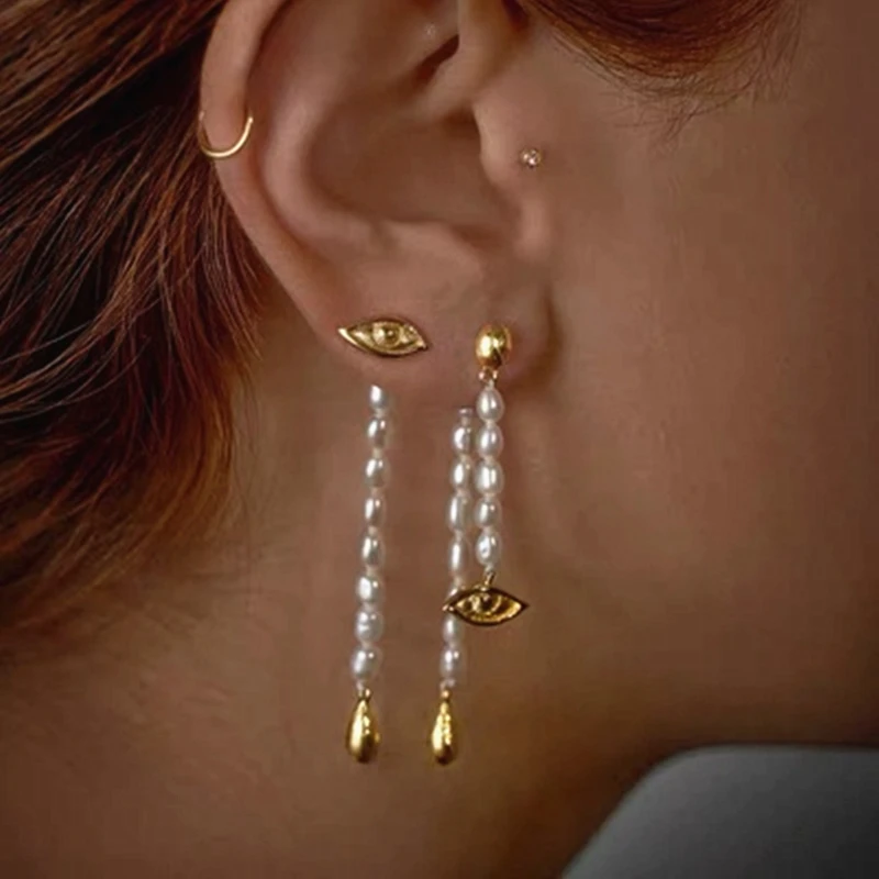 

Vintage Dangle Earring Freshwater Pearl Asymmetrical Long Eye Water Drop Earrings for Women Female Daily Jewelry Pendant Gift