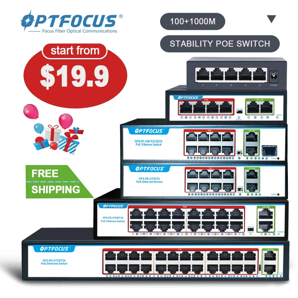 OPTFOCUS Ethernet Switch for cameras ip iphone wireless AP bridge Switch 4+2 6 ports 100Mbps POE Switch