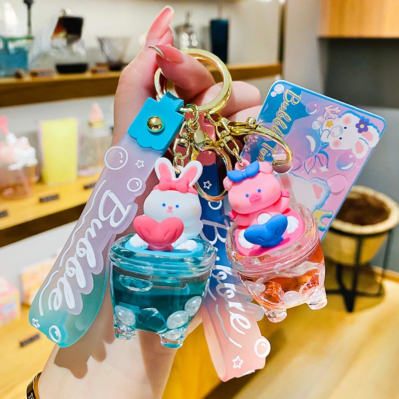 

Cartoon Carrot Rabbit Teacup Into Oil Pendant Liquid Keychain Cute Quicksand Bottle Floating Pearl Bunny Key Chain Bag Hanging