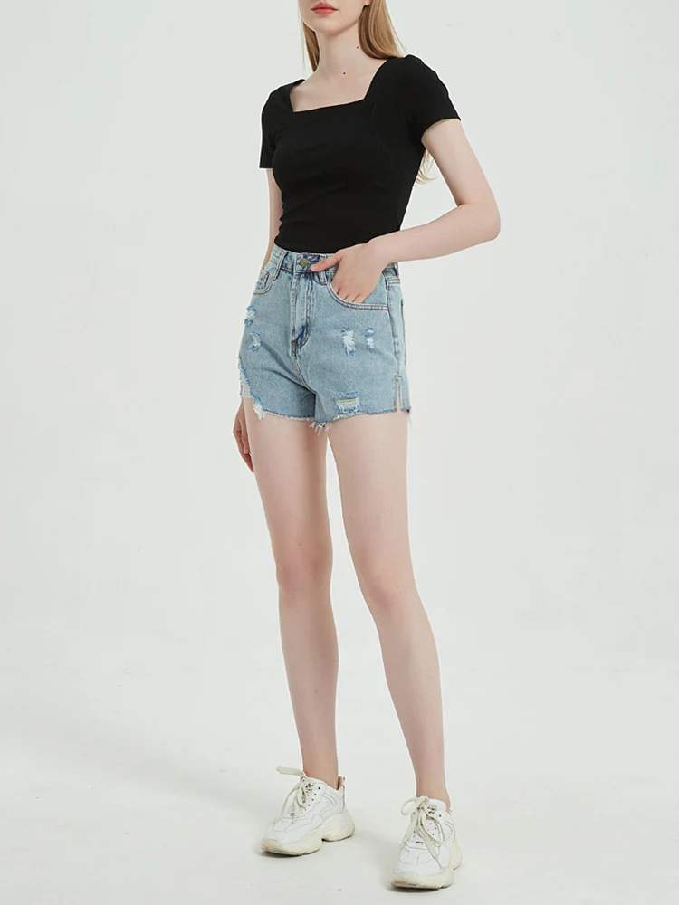 New Summer Women High Waist Hole Frayed Loose Blue Denim Shorts Streetwear Female Retro Raw Hem Jeans Shorts Bottoms