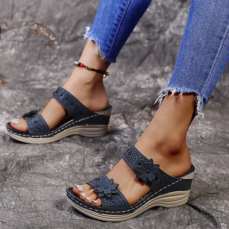 

2022 New Summer Ladies Sandals Comfortable Flower Fish Mouth Shoes for Women Wedge Sandals Open Toe Large Size Casual Slippers