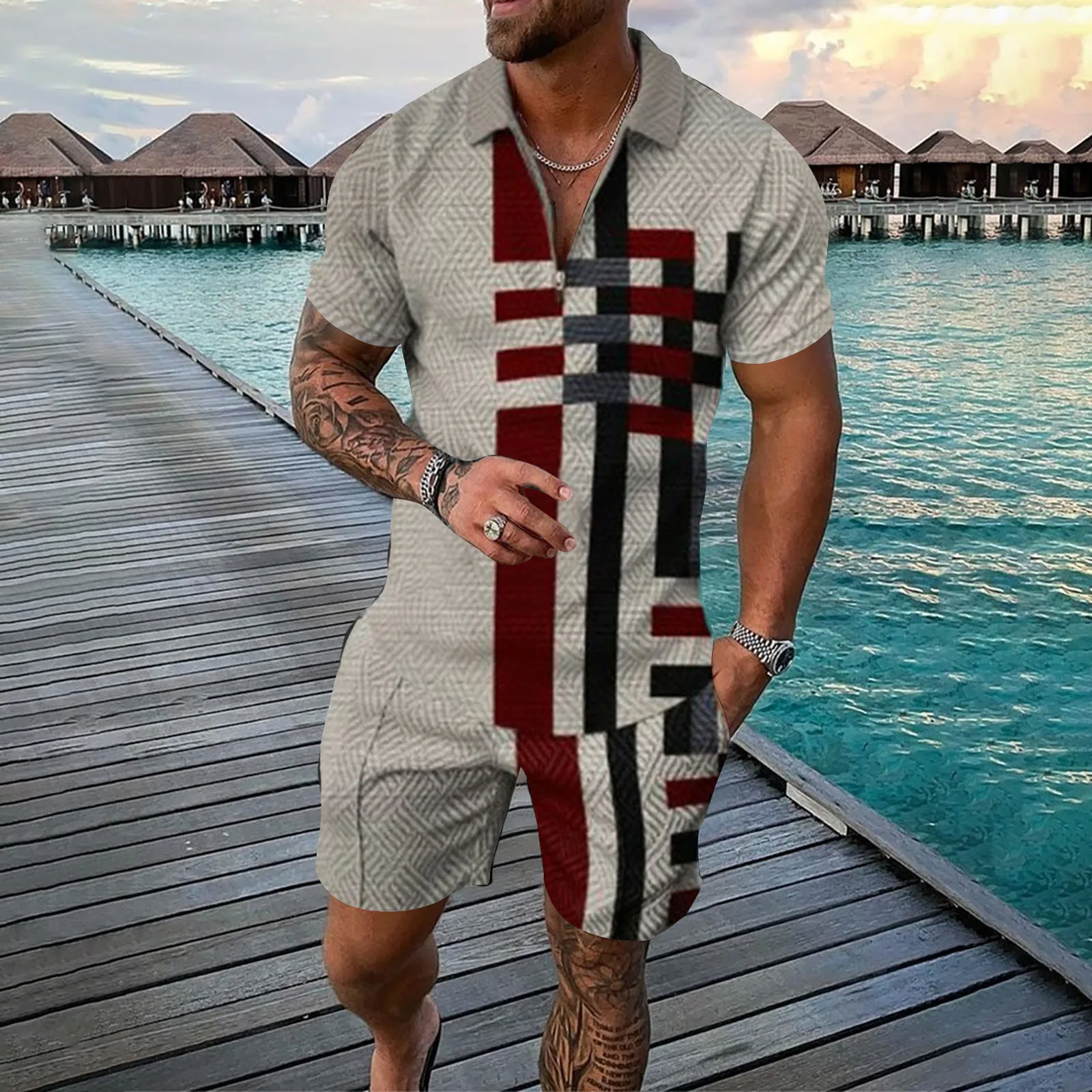 Male Hawaiian 2 Piece Set Lapel Collar Stripe Print Polo Shirt Tracksuit Loose Shorts Men Sets Ensemble Homme Conjuntos New