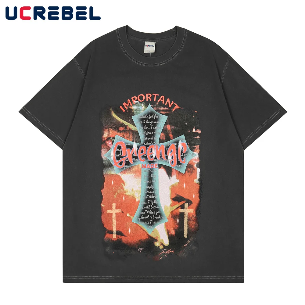 

Cross Print Short Sleeve T-shirt Mens Streetwear Crew Neck Half-Sleeve High Street Distressed Summer Casual Loose Cotton Tee Men