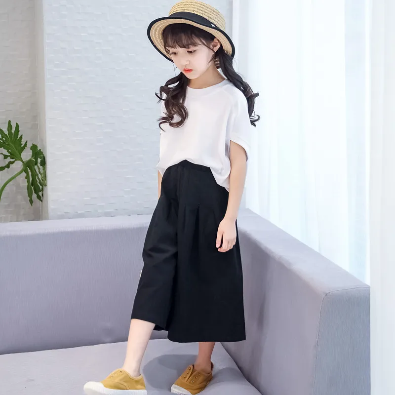 

Summer New Girls Oufits Children Clothing Teenager Loose Cotton And Linen Wide-Leg Pants Short-Sleeved 2-Piece Suit