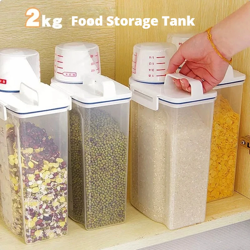 

Food Pail Plastic Storage Tank With Measuring Cup Kitchen Container Jar With Lid Moisture Proof Sealed Cans Insect Prevention