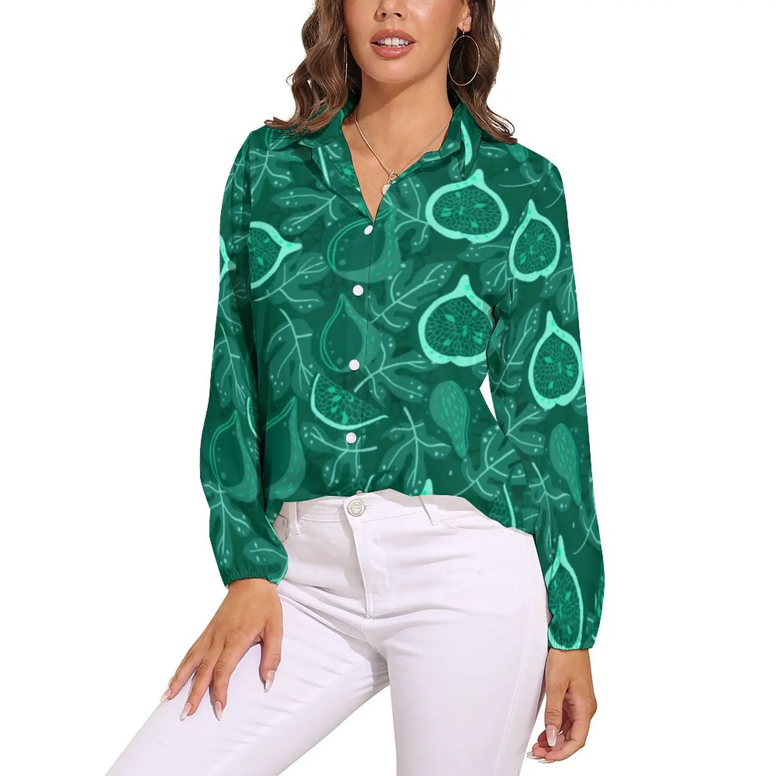 

Fig Fruit Print Blouse Green Botanical Cool Design Blouses Womens Long-Sleeve Streetwear Shirt Autumn Oversized Top