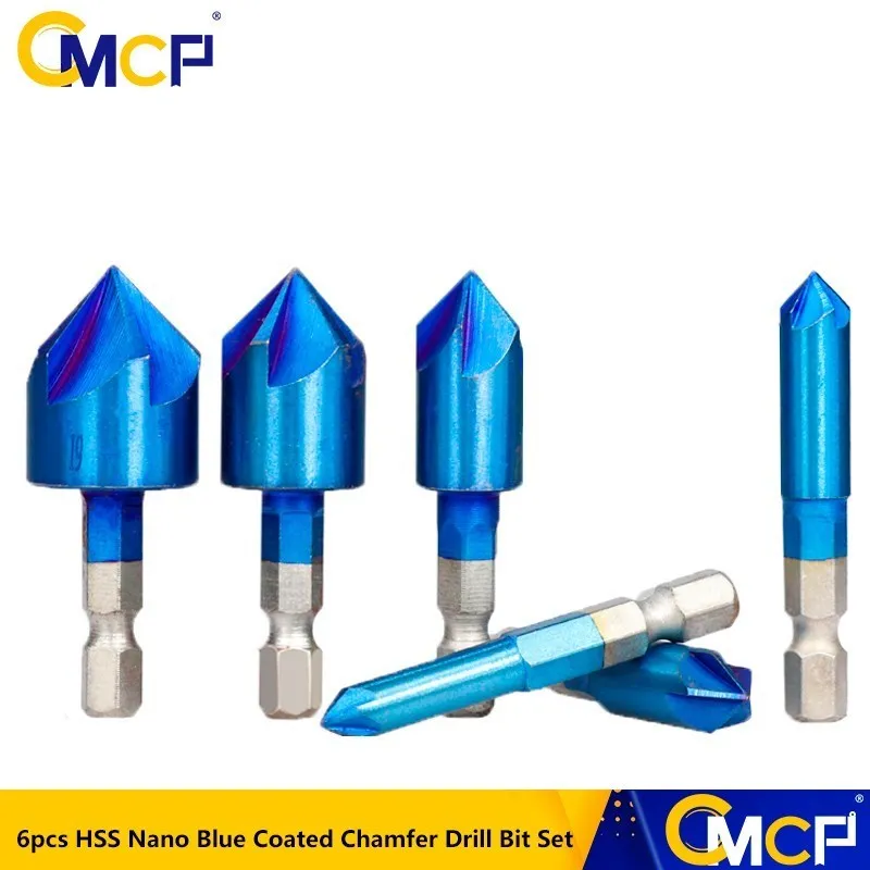 

CMCP 6pcs 90 Degree 6-19mm Nano Blue Coated Chamfer Drill Bit Set HSS 5 Flutes Countersink Drill Bit 6.35mm Shank Chamfer Cutter