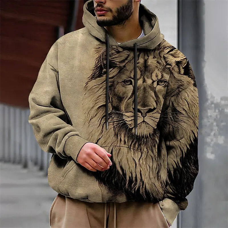 

Худи мужское с длинным рукавом, модная уличная одежда с 3d принтом льва и волка, свободные топы, свитшот, осень