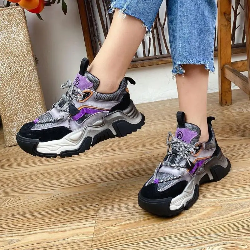 

YourSeason Casual Run Sneakers Ladies Mesh Genuine Leather Vintage Handmade Concise Lace Up 2022 Women Platform Shoes