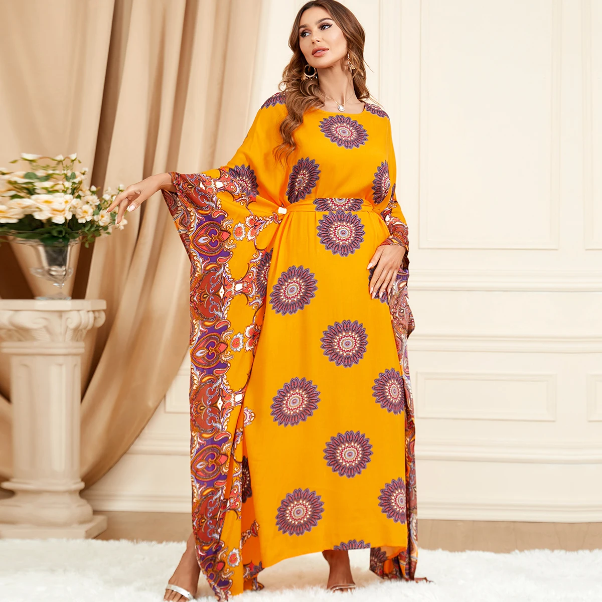 BNSQ Summer Bat Sleeve Muslim Dress For Women Abaya Floral Pattern With Belt Moroccan Turkey African Caftan