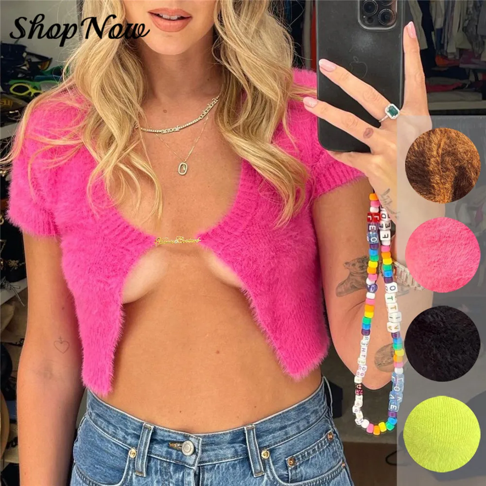 

Shop Now Women Knitted Sweater Cardigans Summer V Neck Short Sleeve Crop Top Sweaters Fashion Streetwear Cropped Tops Cardigan