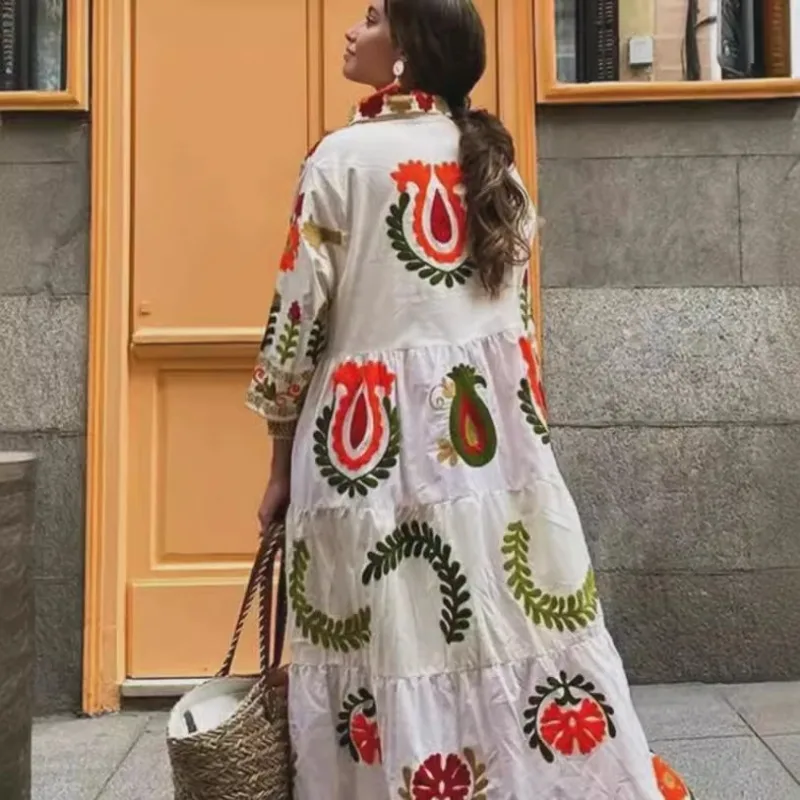Фото Женское длинное платье, модное летнее милое вечернее платье с длинными рукавами и принтом, повседневное свободное женское платье макси с отложным воротником и пуговицами №2