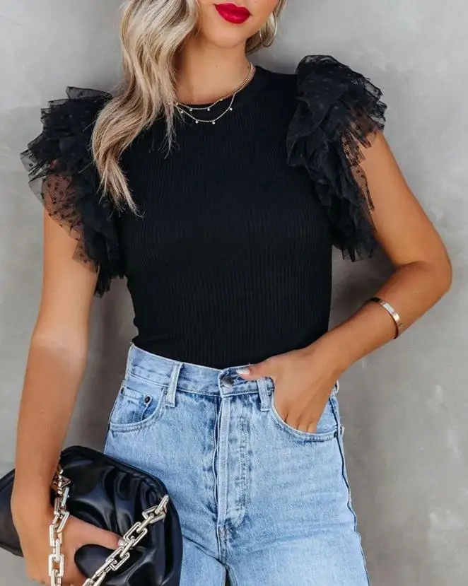 

Casual Women's Top Hot Selling Summer 2023 Fashion Daily Fit Round Neck Ruffle Sleeve Dotty Sheer Mesh Sleeve Top