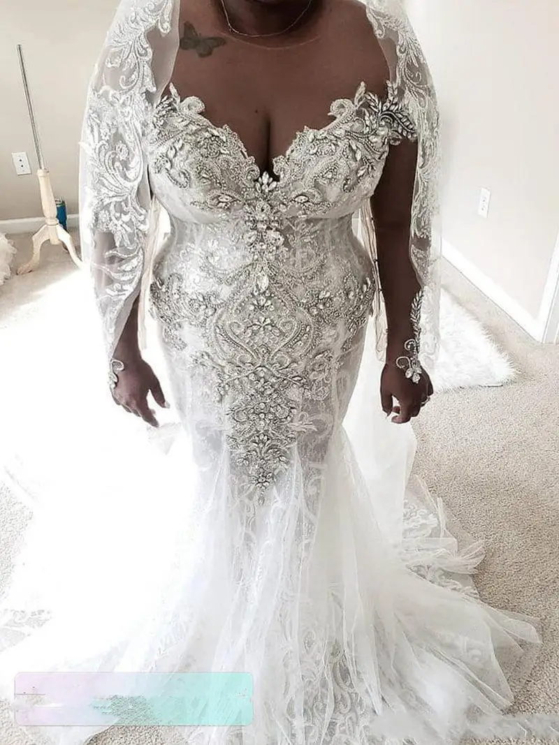 

Pretty See Through Heavy Crystals Beading Mermaid Wedding Dresses Corset Back robe de mariée Long Sleeves Bridal Gowns