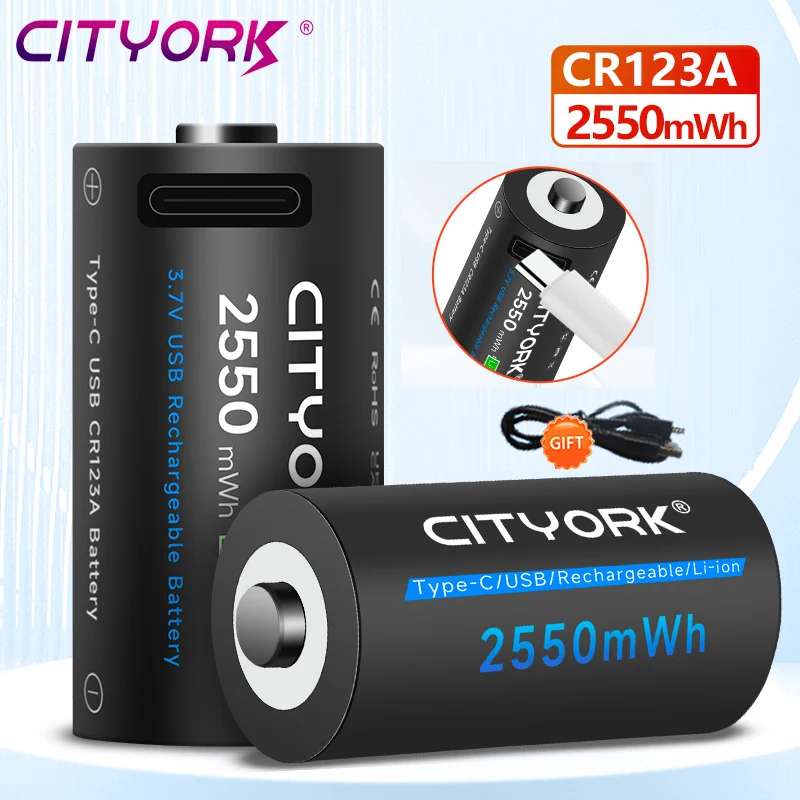 CITYORK CR123A Battery 2550mWh 3.7V Rechargeable Li-ion 16340 Batteries For LED Flashlight 16350 RCR123 Battery+USB Type-c Cable
