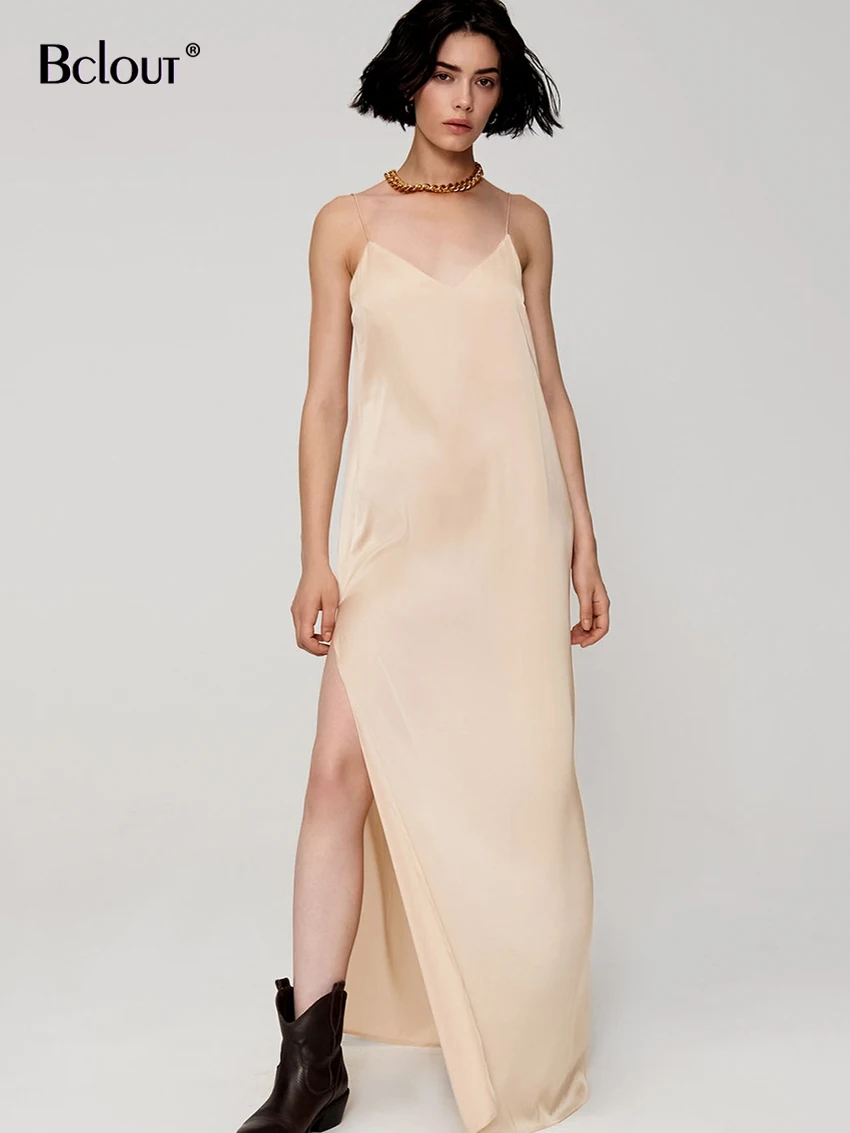 

Bclout Elegant Beige Slit Long Dress Women 2023 Fashion Satin Spaghetti Strap V-Neck Party Dresses Sexy Backless A-Line Dresses