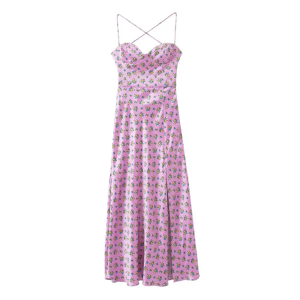 

URMASZA2022 women's spring and summer new long silk satin texture print suspenders vestidos elegantes para mujer