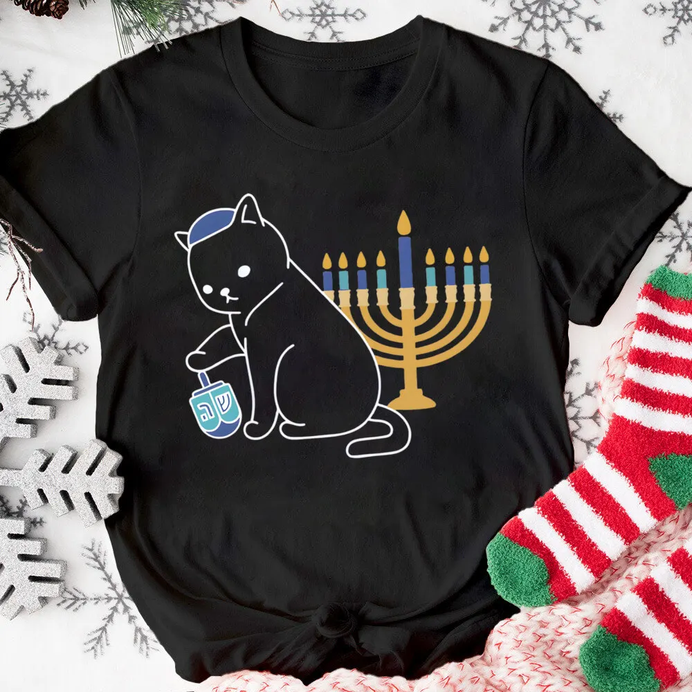 Рубашка с котом Хануки рубашки Dreidel Menora праздничные топы Happy Hanucat еврейские