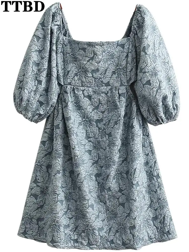 

TTBD Women 2022 french backless bow tied printed mini dress vintage square collar short sleeve female dresses vestidos muje