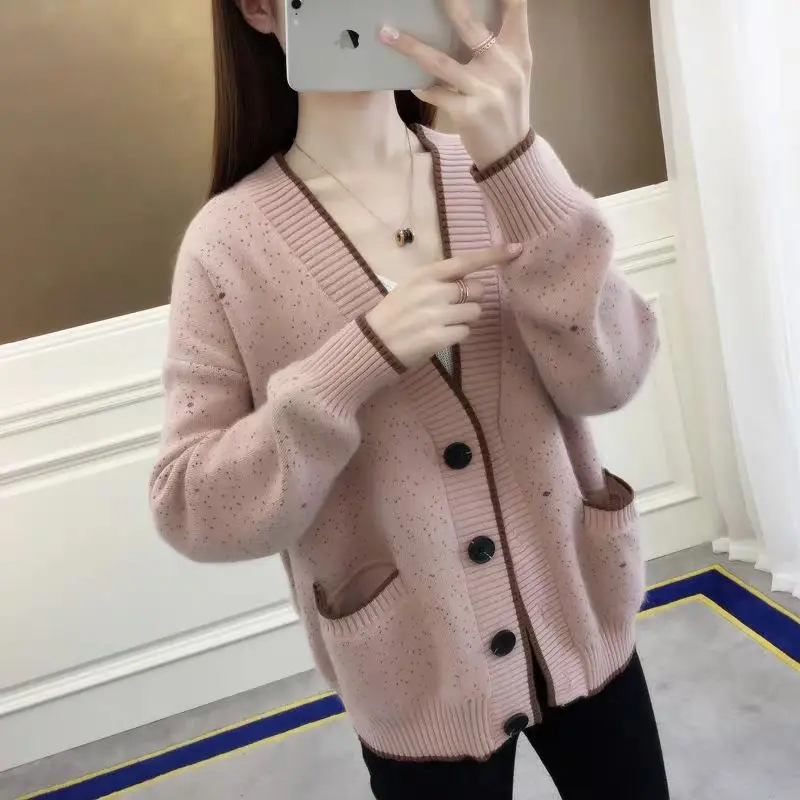 

Women 2022 Spring Autumn Fashion Pocket V-neck Cardigans Female Solid Color Sweater Coats Ladies Loose Knitted Overcoats W353