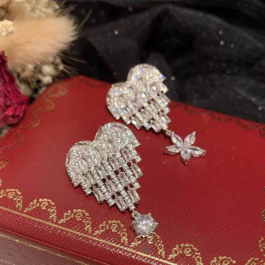 

Asymmetrical love sweet super flashy elegant S925 exaggerated show earrings chic girl party shiny fancy jewelry