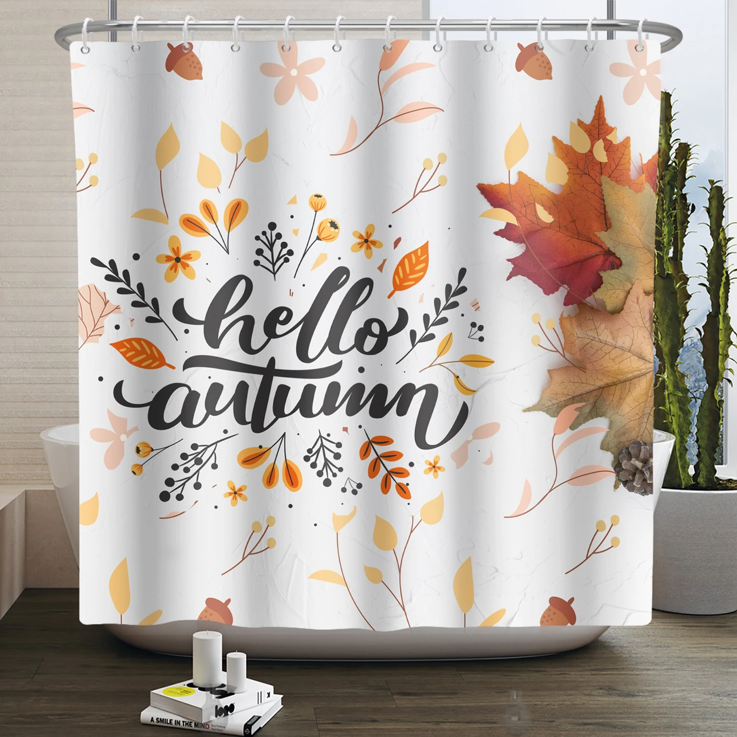 Autumn Landscape Shower Curtain Waterproof Fabric Fall Maple Leaves Pumpkin Cartoon Bathroom Decor Shower Curtains With Hooks