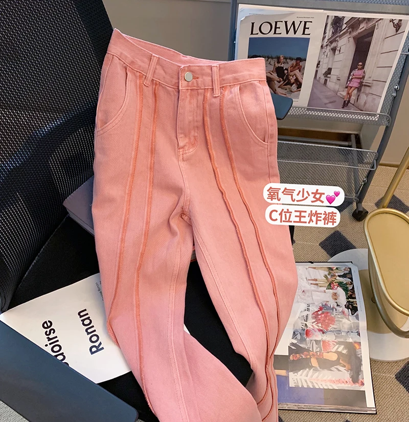 

Pink Vintage Jeans Woman's High Waist 2022 Summer Wide Leg Denim Trouser Baggy Streetwear Chic Design Ladies Straight Jean Pants