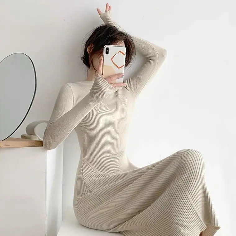 

2022 New Casual Elegant Autumn and Winter Long Sleeve O-neck Sexy Women Knitted Dress Solid Color Feminine Mid-calf Dress T150