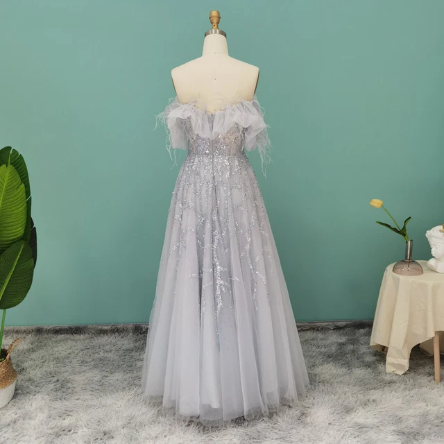 SCZ028 Luxury Dubai Feather Silver Evening Dresses Elegant Long Grey Lilac Women Formal Party Dress for Wedding Guest 4