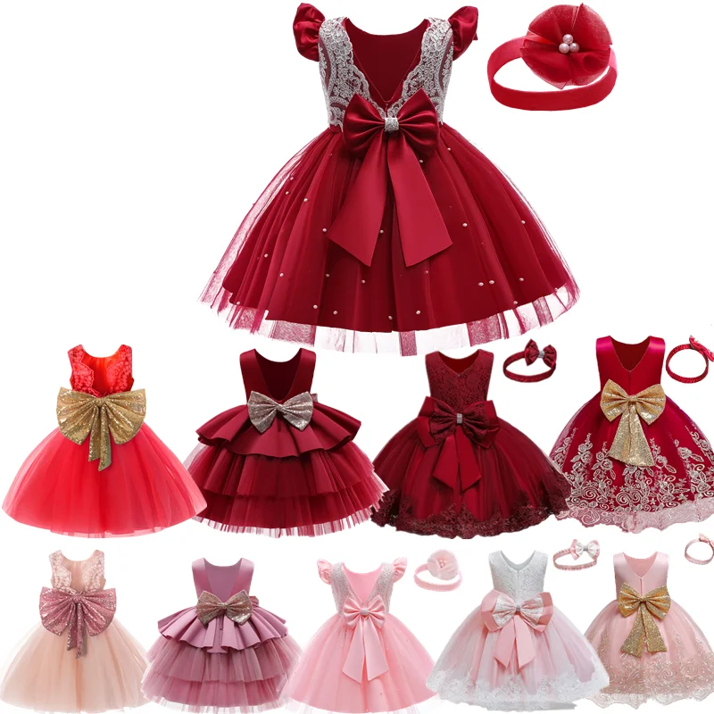 

Toddler Girls Elegent Prom Gown Kid Bow Ball Dress Formal Party Dresses For Baby Girls First Birthday Costumes Children Clothing