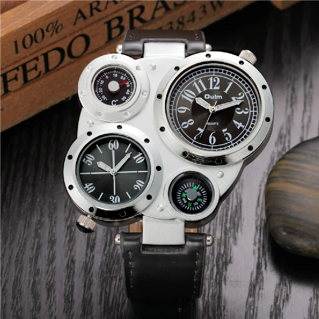 

Мужские часы OULM брендовые креативные Роскошные спортивные Militray кожаные мужские повседневные кварцевые наручные часы с двумя часовыми поясами