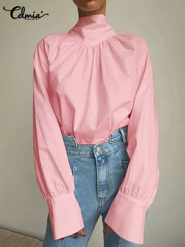 

Celmia Women Tied High Neck Blouses Elegant Solid Lantern Sleeve Blusas Fashion Pleated Spliced Chic Shirts 2023 Autumn New Tops