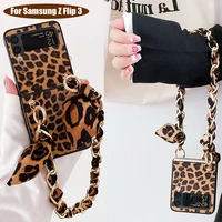 woman sexy leopard print pu leather phone case for samsung galaxy z flip 3 5g back cover with portable chain of silk scarves