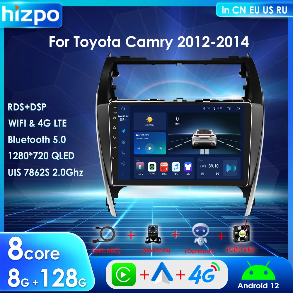 Hizpo 10,1 'CarPlay для Toyota Camry 2012-2014 Северная Америка Автомагнитола 2 Din Android 12 мультимедийный плеер GPS BT SWC RDS DSP 4G