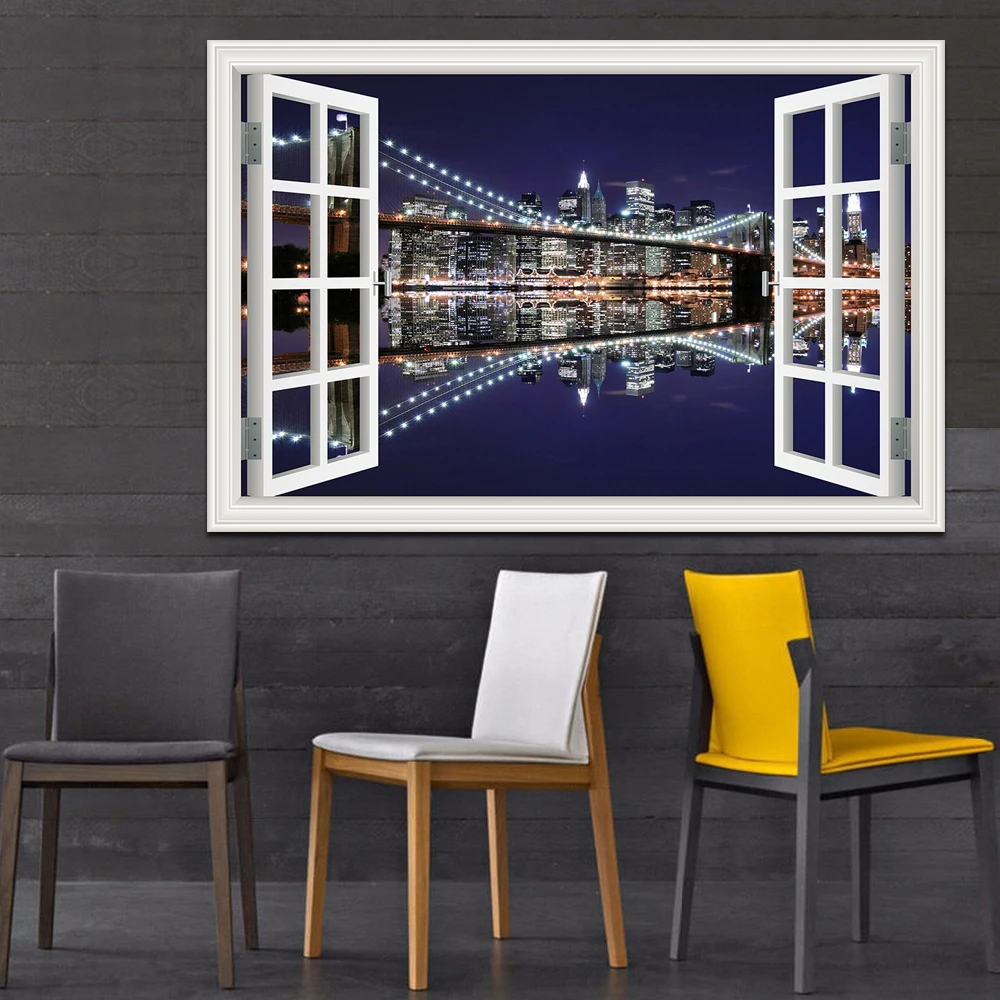 

3D Window View wall Sticker New York Brooklyn Removable Night Wall Art Wallpaper Kitchen Room decor aesthetic poster prints