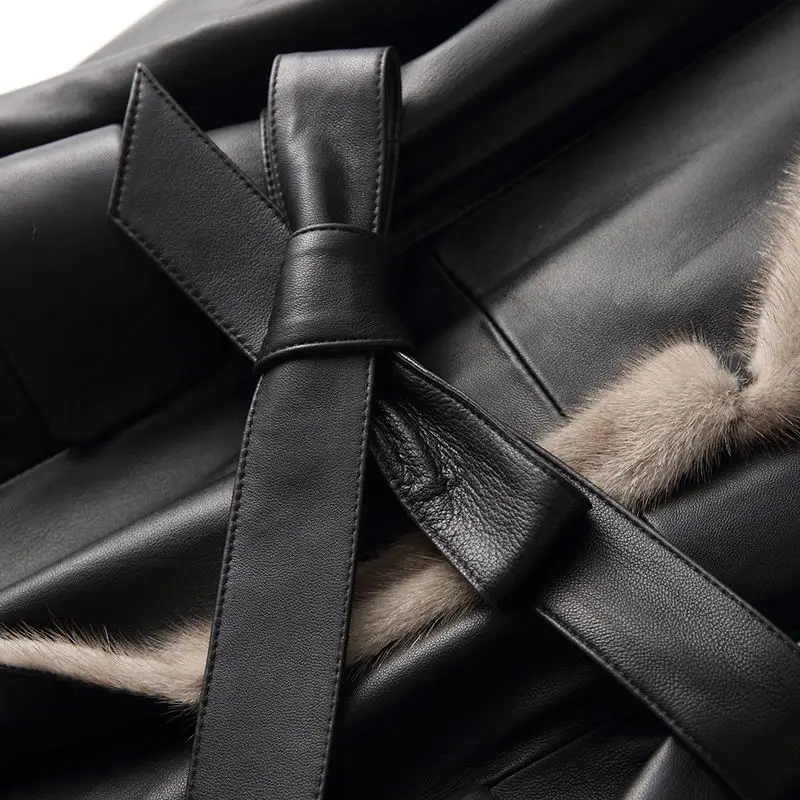 100% First Layer Sheepskin Coat Winter Long Mink Fur Collar Genuine Leather Jacket Women 2022 New Down Parkas Belt Slim Overcoat