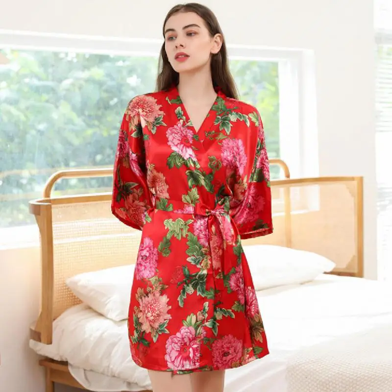 

Red Flower Women Robe Satin Silky Bathrobe Gown Summer New Kimono Gown Female V-neck Nightgown Casual Home Dressing Gown