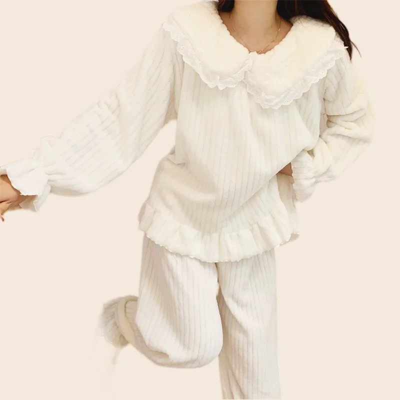 Flannel Pajamas Set Full Sleeve T-shirt Long Pants Winter Sweet Casual Pyjama Big Size Homewear Cozy Plus Bow Pink Sleepwear