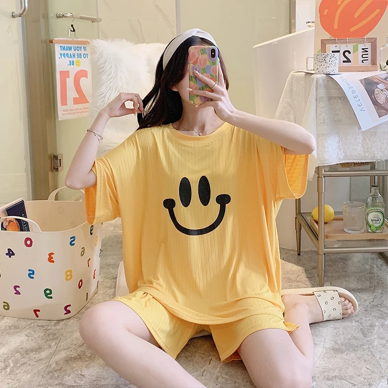 Pajamas Women's Summer New Round Neck Printing Two-piece Korean Version Loose Plus Fertilizer To Increase Home Wear