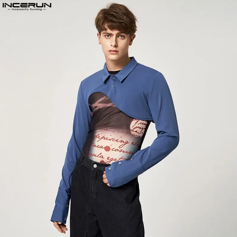 

INCERUN Men Irregular Shirt Solid Color Lapel Long Sleeve 2023 Streetwear Sexy Crop Tops Men Fashion Personality Casual Camisas