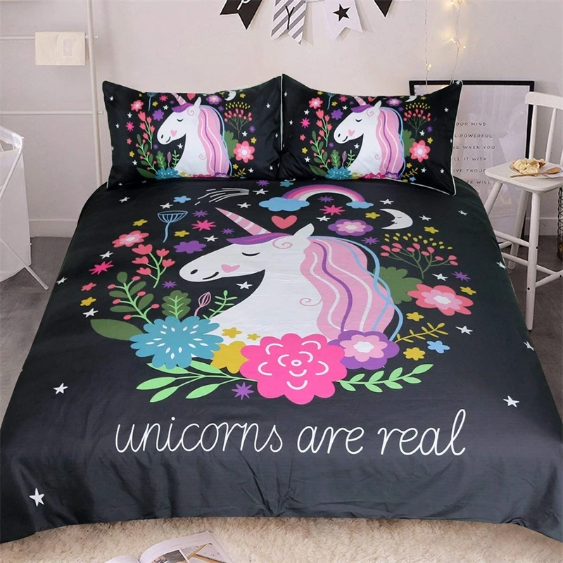 

Unicorn Twin Comforter Cover for Girls Unicorn Floral Bedding Set Black Unicorn Bed Set Cartoon Pink Unicorn Bedspreads Gifts