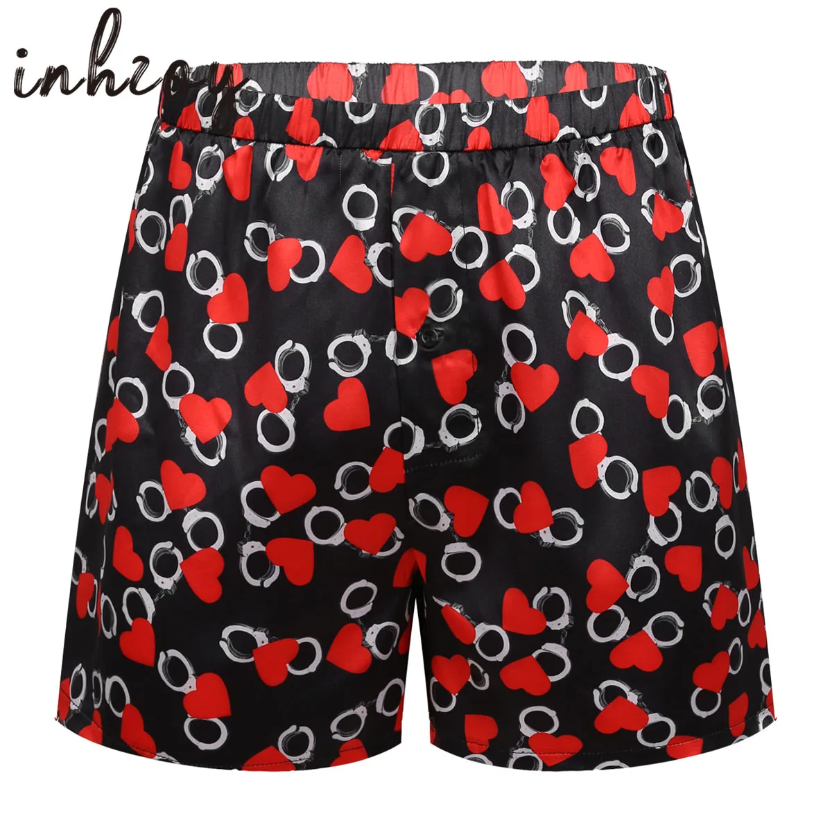 

Men's Silk Satin Boxers Shorts Hearts Print Lounge Underwear Summer Pajama Shorts Comfort Sleepwear