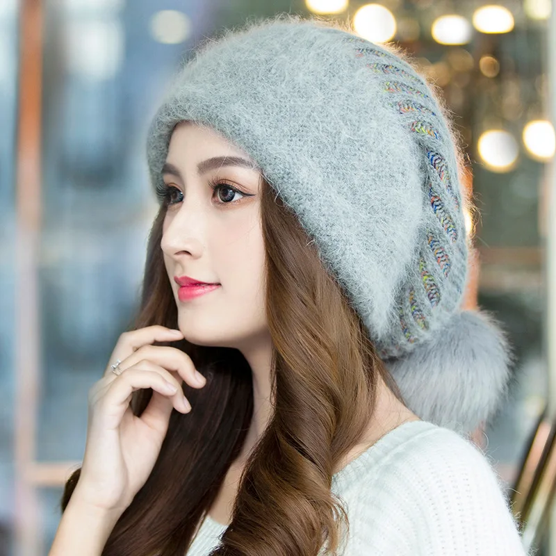 

2022 New Arrival Women Girl Knit Slouchy Beanie Chunky Baggy Hat with Fur Pompom Winter Soft Plush Warm Ski Cap Freeshipping